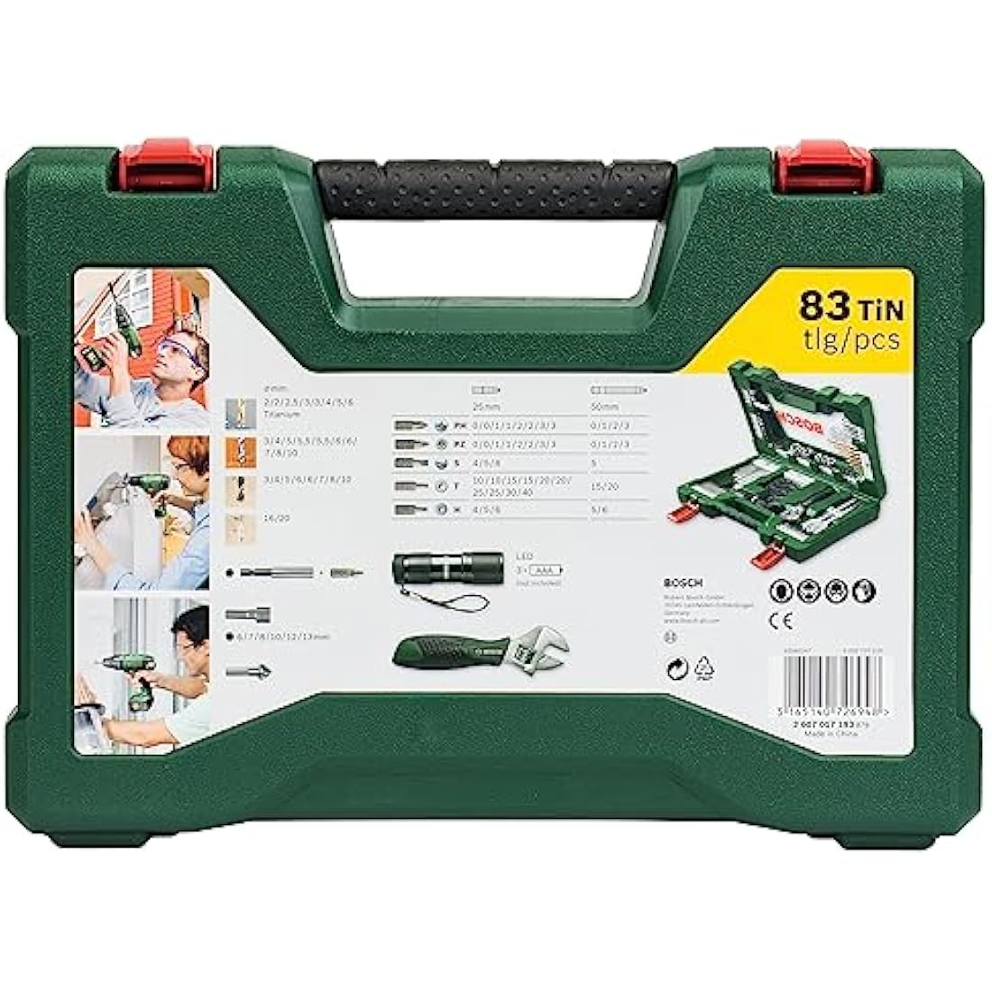 Bosch 83 pcs. Titanium Drill and Screwdriver Bit Set V-Line (with LED Torch and Adjustable Spanner, for Wood, Masonry and Metal, Accessories Drills and Screwdrivers)