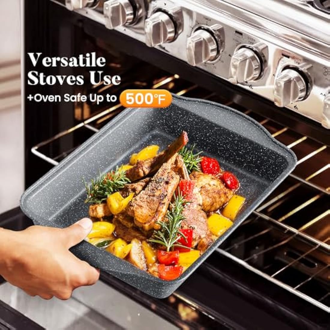 Kitchen Academy 17 Pcs Induction Hob Pots and Pans Set Non Stick, Nonstick Induction Kitchen Cookware Sets, Gray Granite Cooking Saucepan and Frying Pans Set