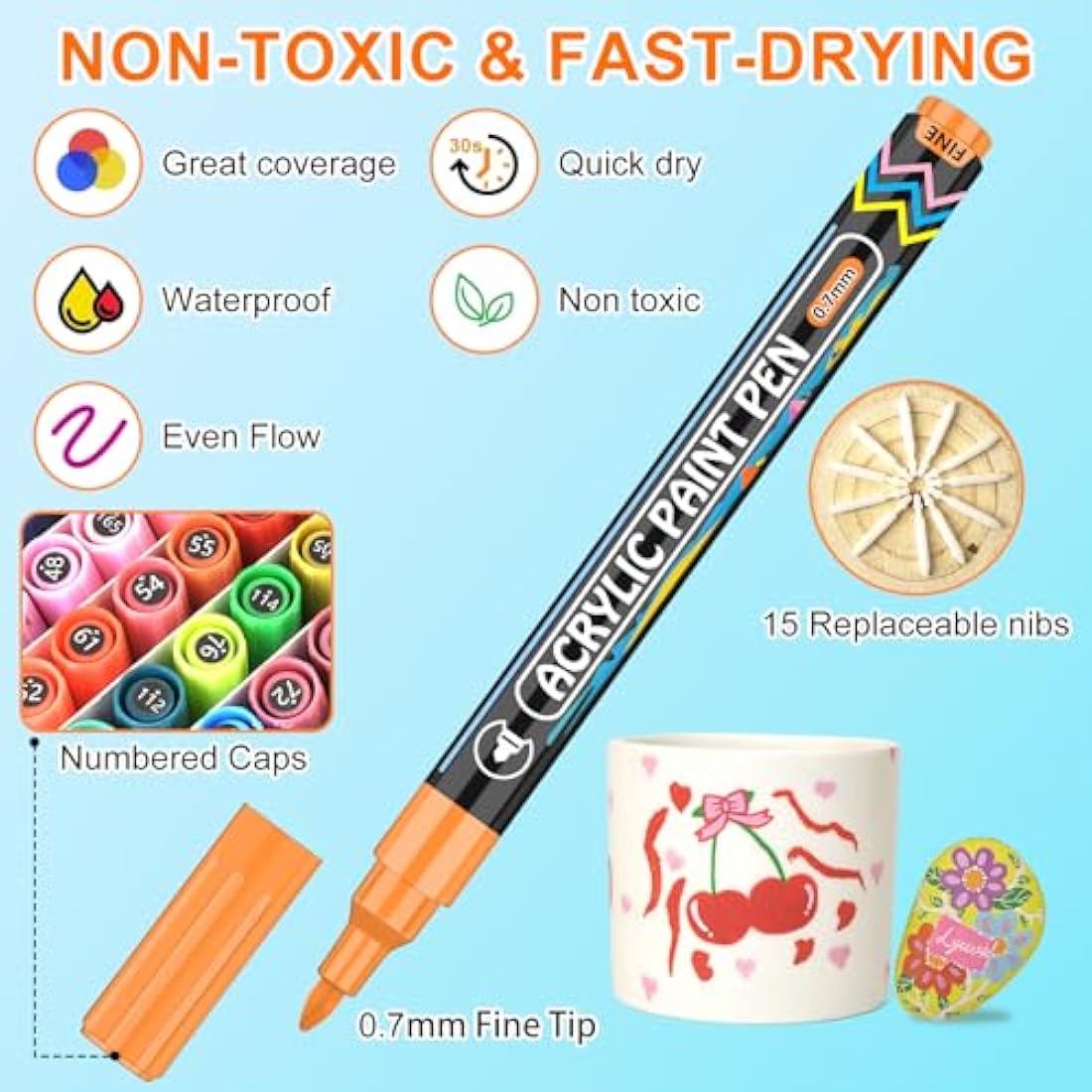 Lyuvie 168 Colours Acrylic Paint Pens, Water-Based Permanent Paint Markers with 0.7mm Extra Fine Tip,Acrylic Pens for Rock Painting Fabric Pebbles Glass Stone Metal Wood Ceramic