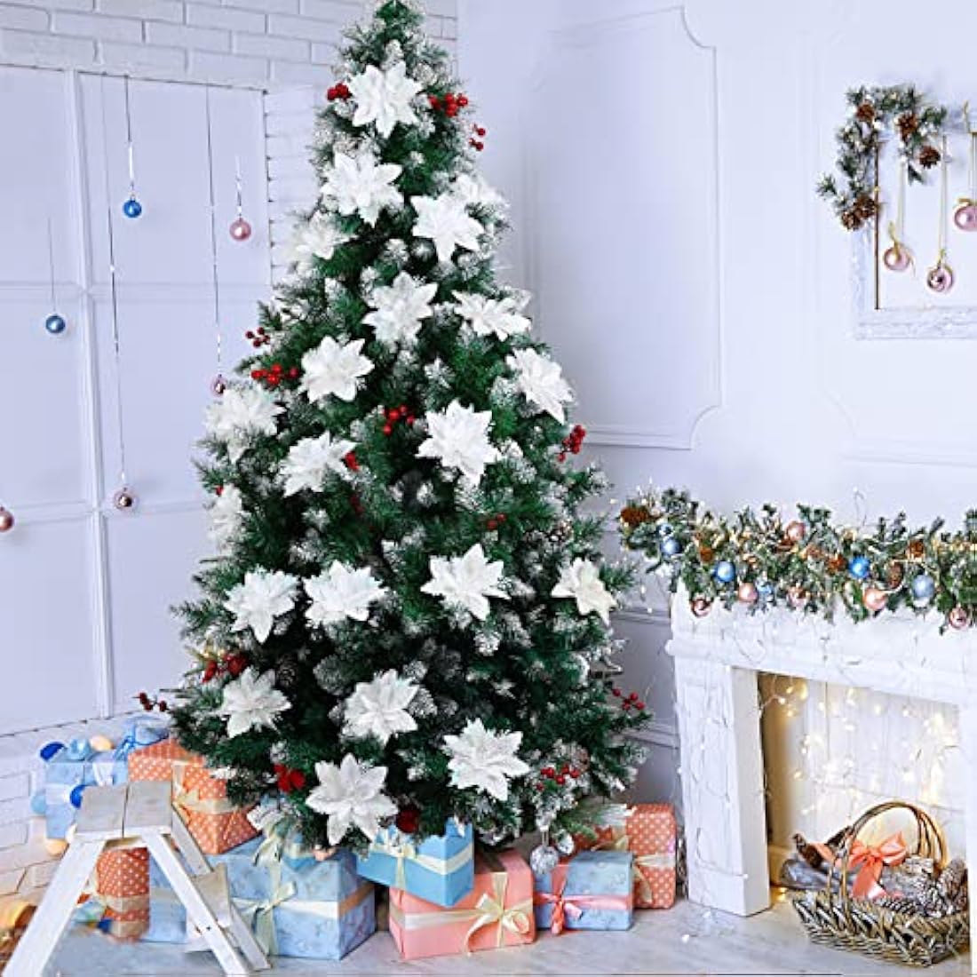 Toyvian Poinsettia Artificial Poinsettia Christmas Decorations Glitter Christmas Tree Flowers Decorations Novetly Artificial Chritstmas Flowers for Xmas Tree Decorations with Clips