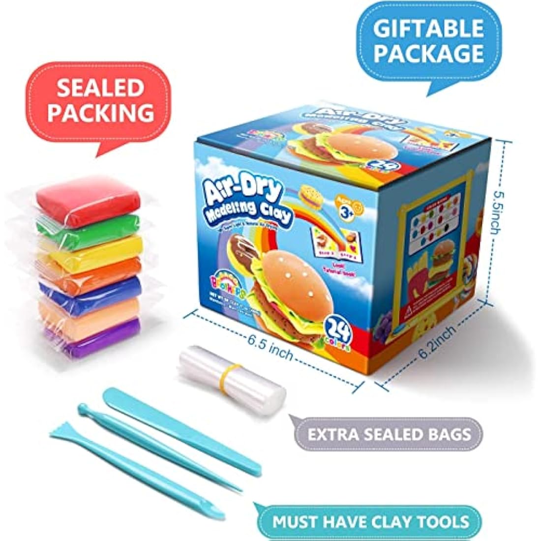 SAGO BROTHERS Air Dry Clay, 24 Colors Modelling Clay with 3 Tools & Project Booklet, Ultra Soft Light, DIY Creative Gifts, Arts and Crafts Kits for Kids Boys Girls Toys