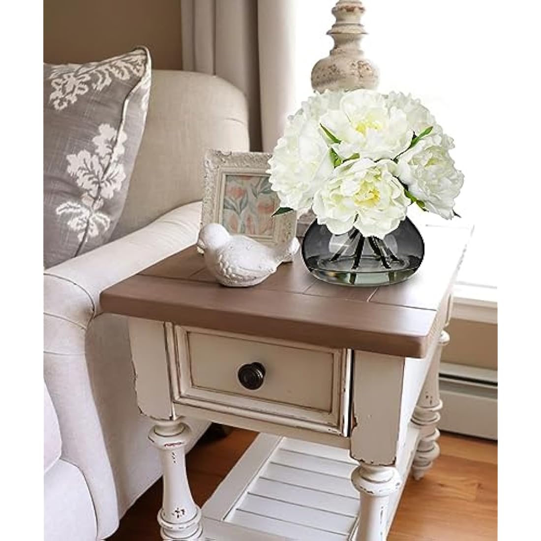 Oairse Artificial Peony Flowers in Vase Real Touch Fake Peonies Flower in Glass Vase with Faux Water White Faux Flower Arrangement for Home Decor Bathroom Living Room Wedding Centerpiece Decoration