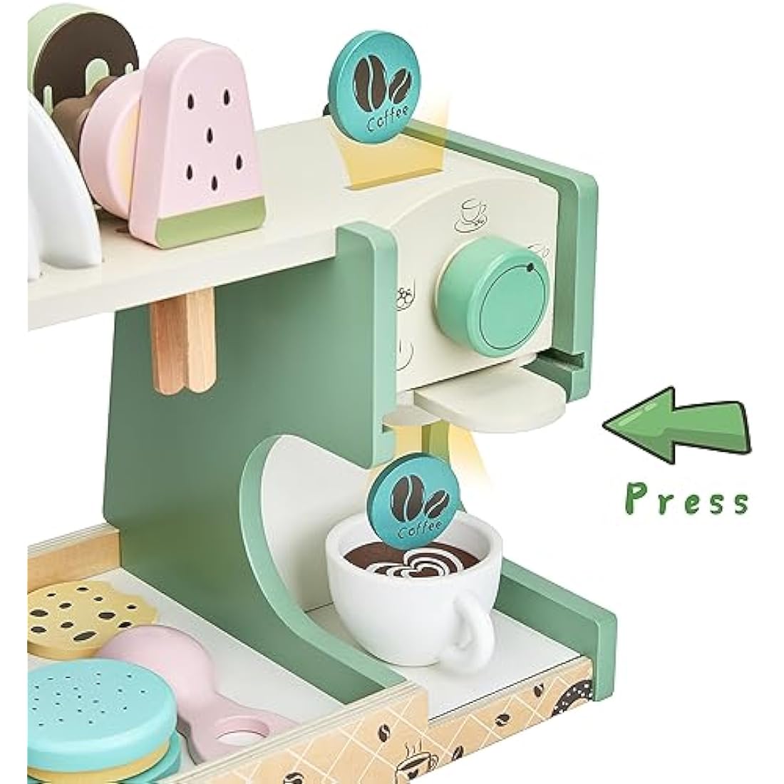 medoga Wooden Ice Cream Toy, 3-in-1 Ice Cream Counter with Coffee Maker 28 PCS Toddler Pretend Play Kitchen Accessories Wooden Toys for 3 4 5 6 Year Old Girl or Boy (Ice Cream)