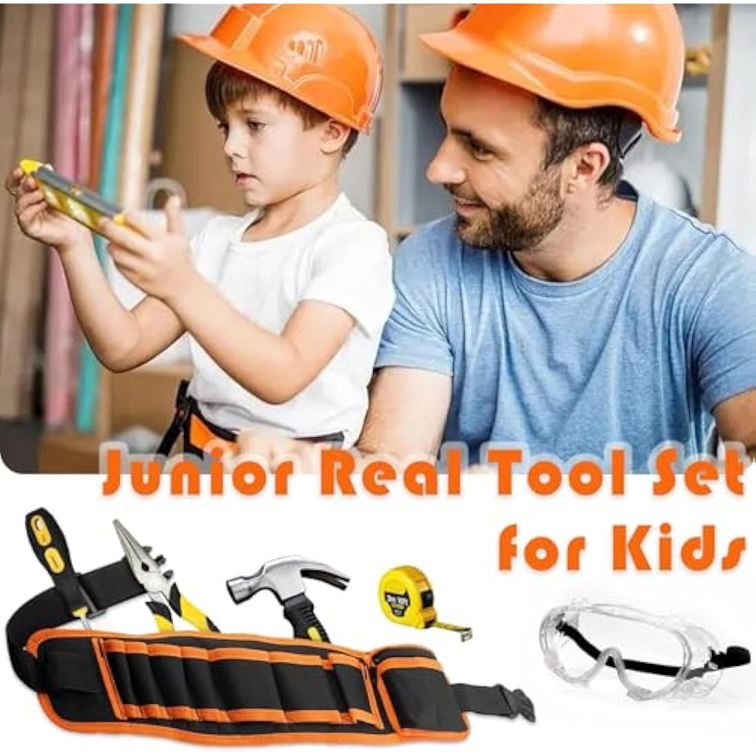 QeeHeng Real Kids Tool Set -Kids Tool kit for Starter with Hammer,Tool Belt,Safety Goggles, Pliers, Wrench,Screwdrivers & Bag,Children's DIY Play Tools for Boys /Girls /Beginner Learning Gift