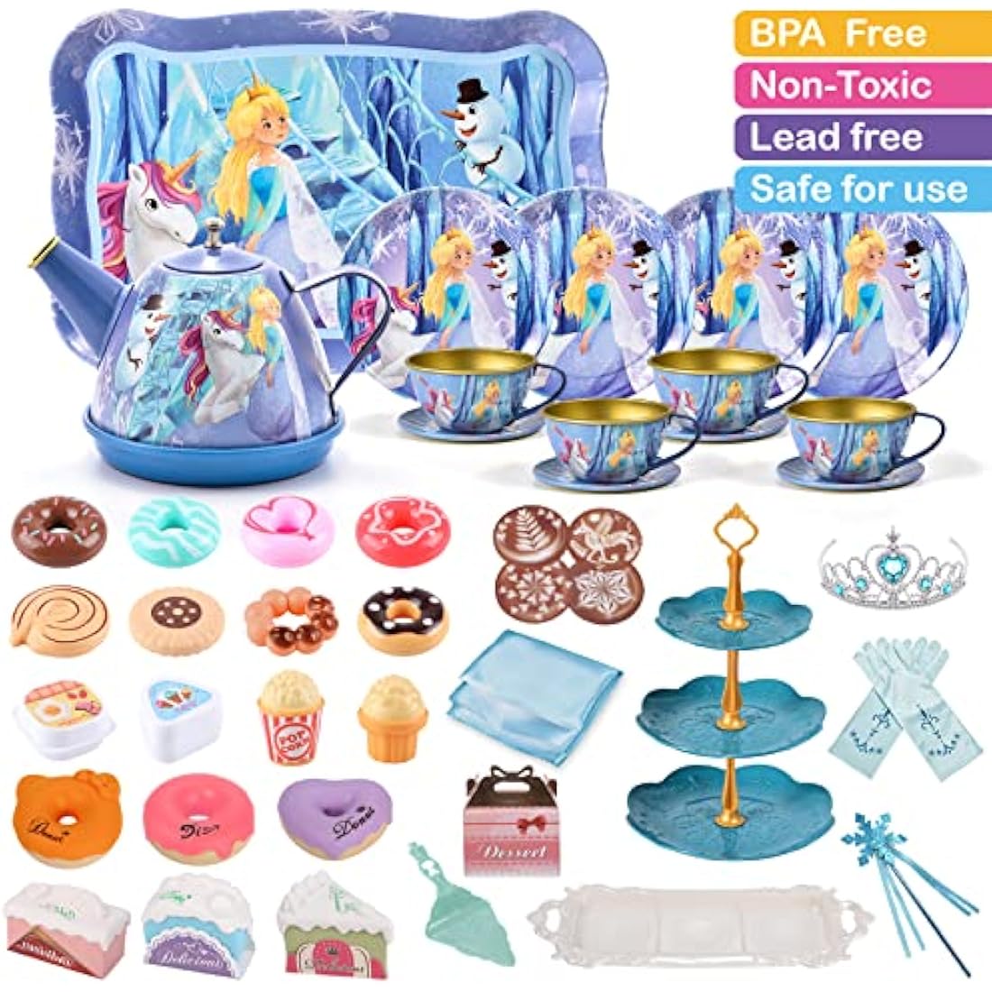 Toddlers Tea Set Frozen Toys Gifts for Girls 3 4 5 6 7 Years Frozen Elsa Tin Tea Party Set & Luxury Food Playset & Carry Case Princess Tea Time Kitchen Pretend Play Toys Princess Gift for Kids Girls