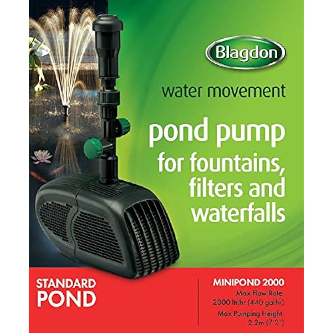 Blagdon Minipond Pump 2000 (Pond Pump to Run a Fountain/Feature, Filter and Waterfall (50 cm High) in a Pond with The Maximum Volume of 1722 L)