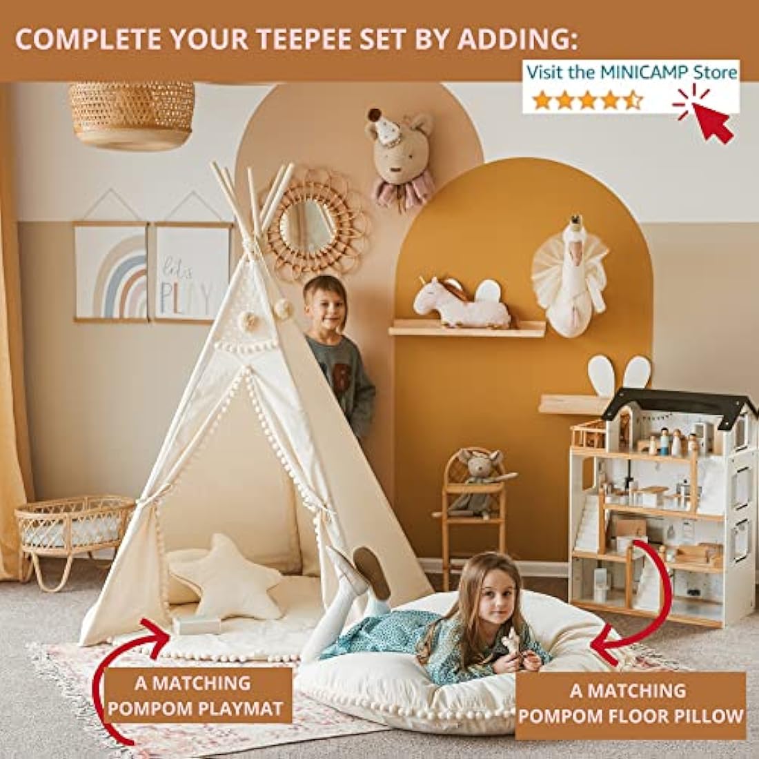 MINICAMP Original Teepee Tent for Kids, Handmade Natural Canvas & Wooden Playhouse for Children & Toddlers, Indoor Sleepover Play Tent for Girls & Boys, Extra-Stable Child Tipi with Pom-Poms