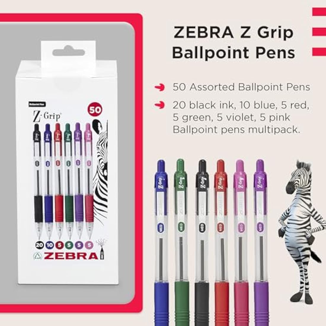 ZEBRA Z GRIP Assorted Ballpoint Pens, Retractable with Smooth Ink, Comfortable Grip and Pocket Clip Reliable Biro Medium Point 50 Pack 5 Assorted Colours