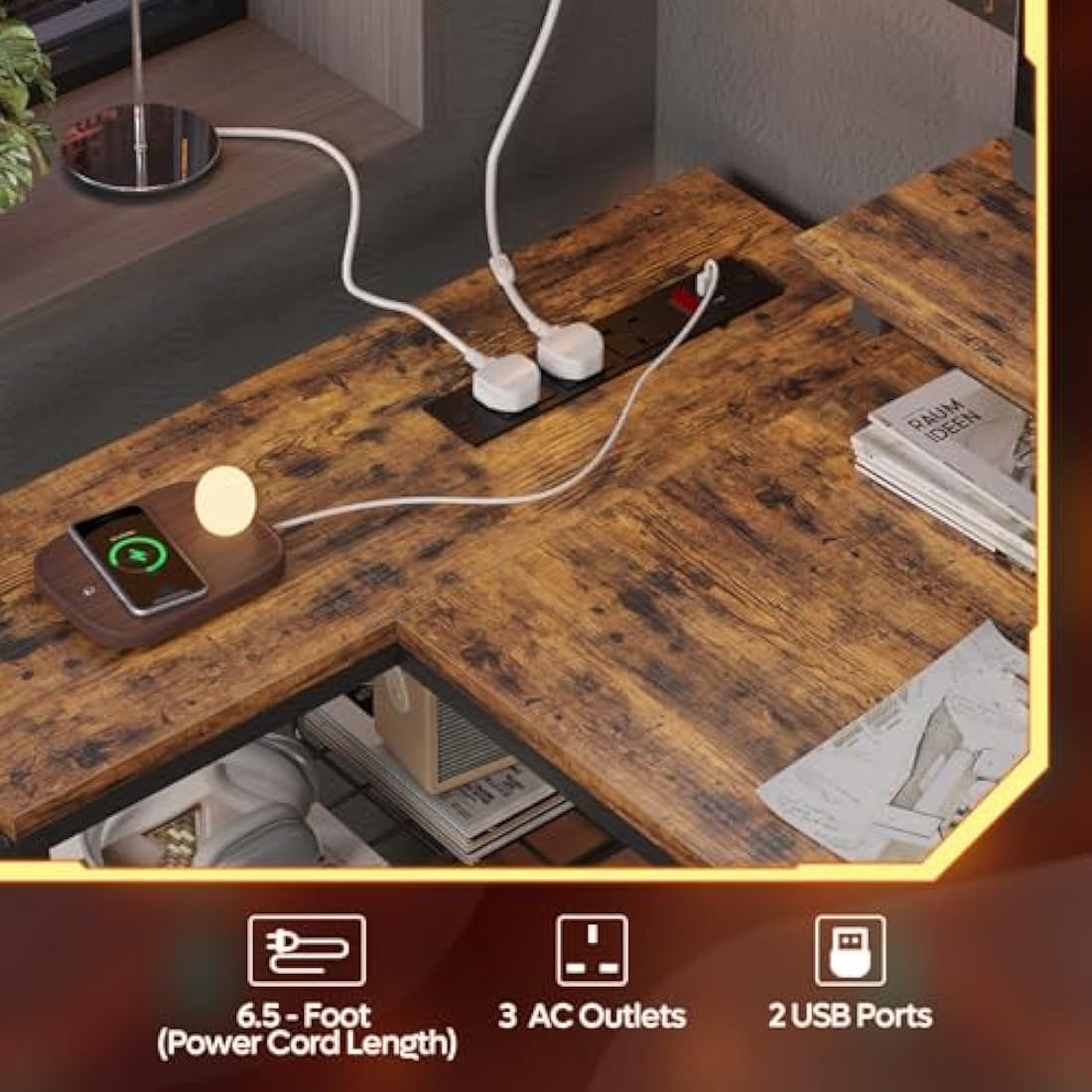 Bestier 106.5CM L-Shaped Desk with 3 Power Outlets, 2 USB Ports & LED Strip Lights, Reversible Corner Workstation with Shelves & Hooks for Office & Gaming