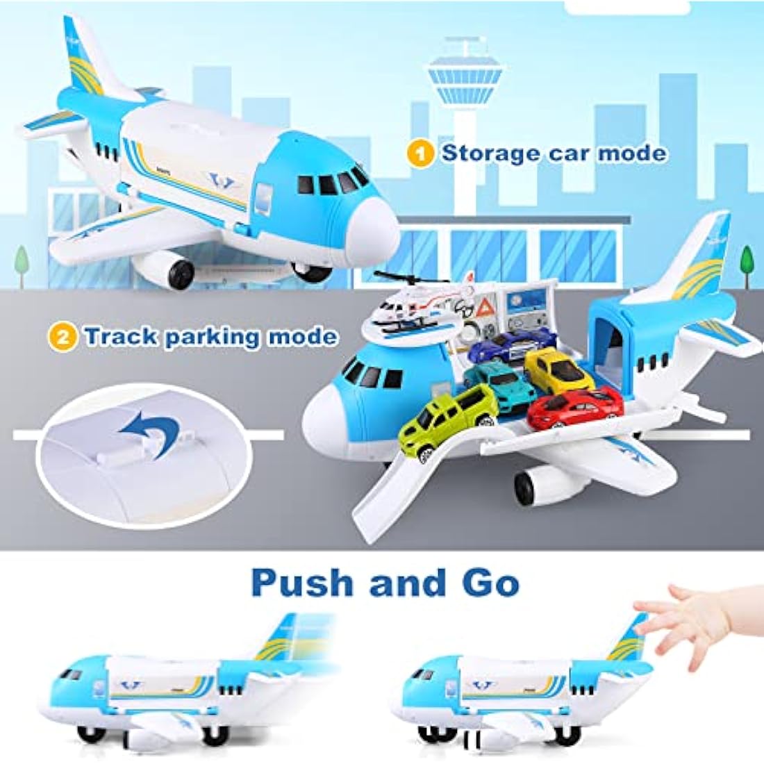kramow Toys for 3 Year Old Boy, Cars Toy set, Airplane Toys, Transport Aeroplane with Play Mat, 8 Sports Cars, 1 Helicopter, 11 Traffic Signs, Cargo Plane Gifts for Kids Boys Girls age 3 4 5 6