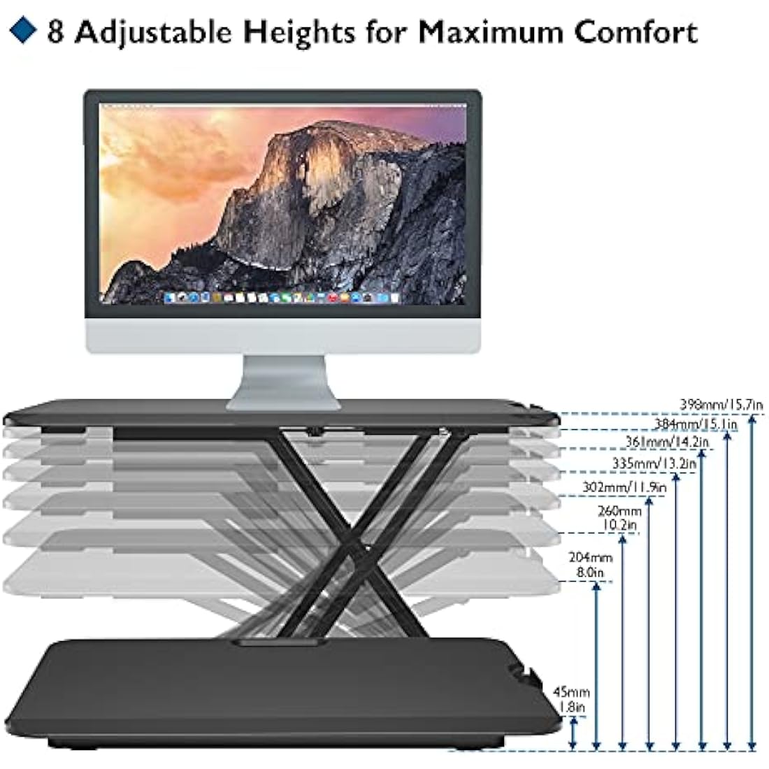 BONTEC Standing Desk Converter 67x47cm, Height Adjustable Sit Stand desk Converter Workstation, X-Frame Desk Riser for Laptop, Monitor, Keyboard Home Office, Ultra-Slim Desk Raiser up to 8kg