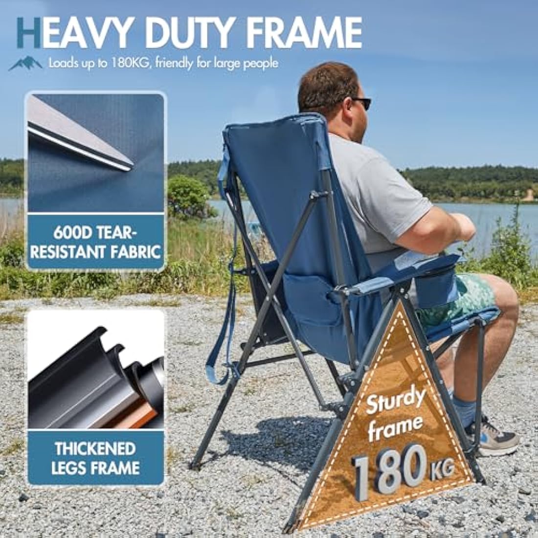 Portal Folding Camping Chair for Adults with Lumbar Support Heavy Duty 180KG High Back Garden Festival Picnic Chair Hard Armrests Deluxe Foldable Collapsible Portable for Fishing Beach Patio
