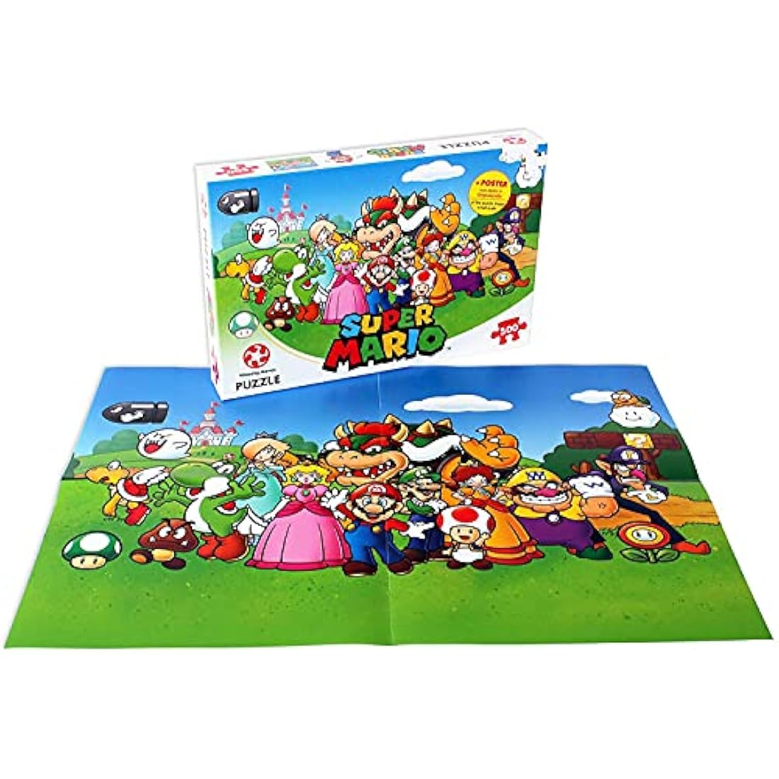 Winning Moves Super Mario and Friends 500 Piece Jigsaw Puzzle Game, piece together Mario, Luigi, Yoshi, Bowser and Toad, gift and toy for ages 10 plus
