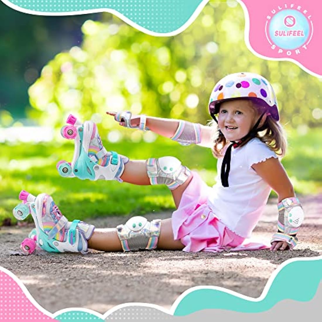 SULIFEEL Adjustable Roller Skates for Kids with Light up Wheels for Girls and Boys Rainbow Unicorn