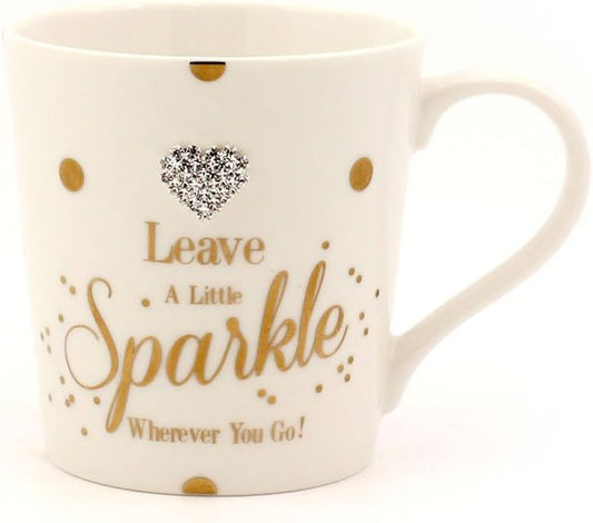 "Leave a Little Sparkle Wherever You Go" Diamante Love Heart White & Gold Fun Dotty Novelty Fine China Mug with Presentation Box