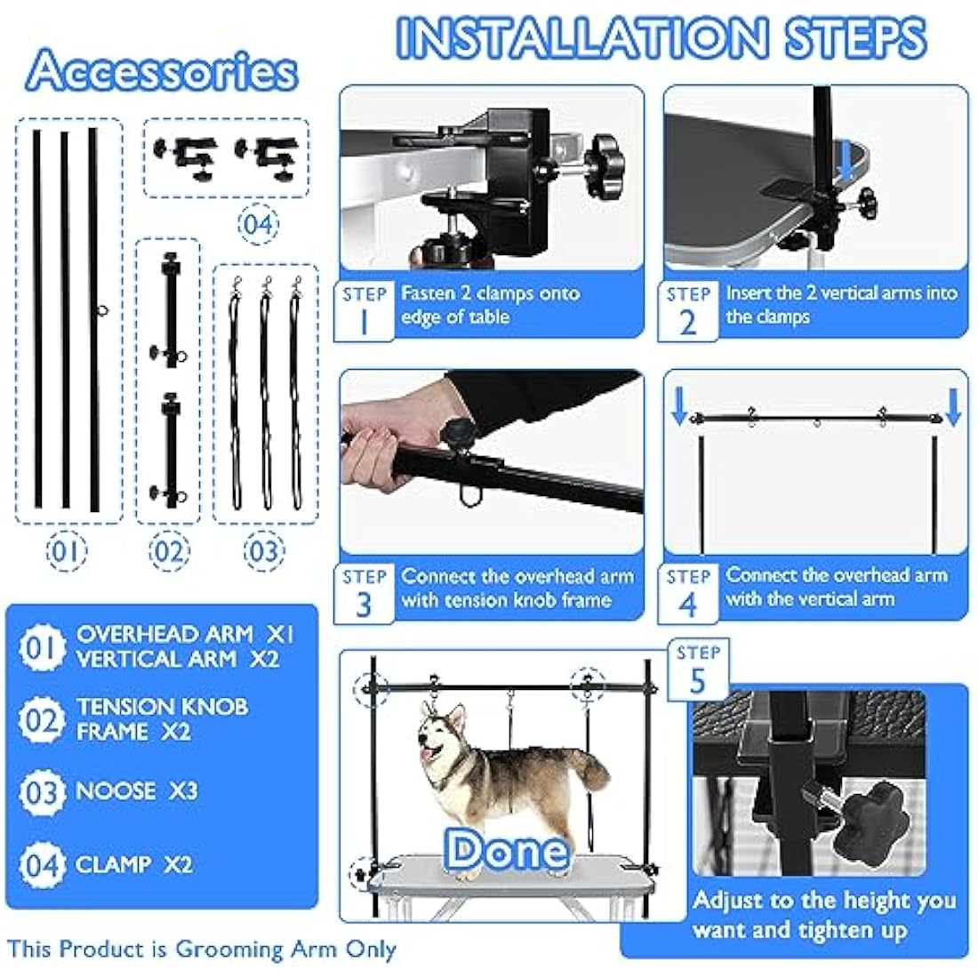 LEIBOU Dog Grooming Arm H-Shape Pet Dog Grooming Table Arm with 3 Noose and Clamp for Dogs and Cats Heavy Duty Aluminum Alloy Frame with 35.4” Adjustable Height and 36.2” ~ 50” Adjustable Width