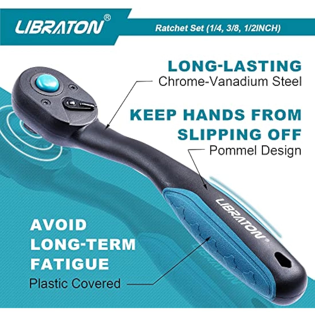LIBRATON Ratchet Handle, 3 PCS 1/4", 3/8", 1/2" Heavy Duty Drive Ratchet Socket Wrench with Quick-Release Head, 72 Teeth, Reversible Design, Comfort Grip for Car Repair, EVA Organizer