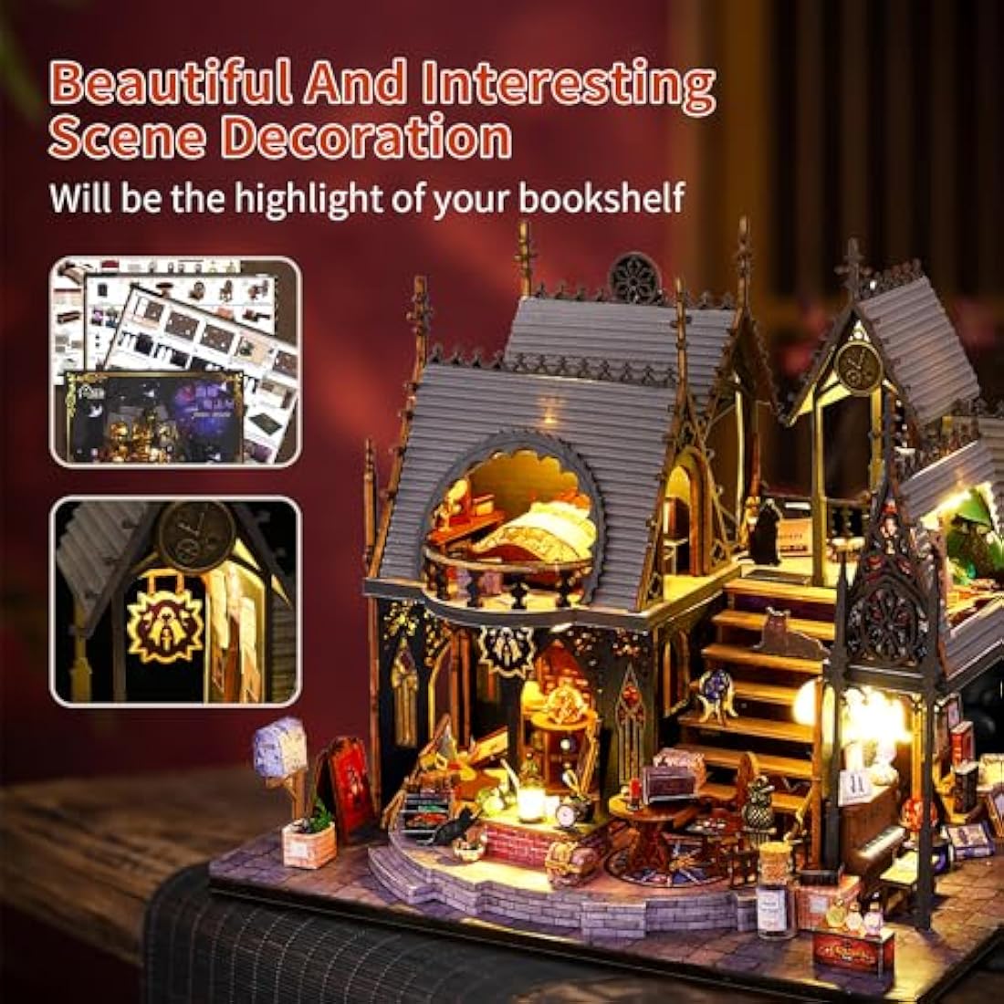 CRIOLPO DIY Doll Miniature House Kit, Book Nook Kit Doll house Miniature with Furniture DIY Wooden Crafts Mini Handmade Kit 3D Wooden Puzzle with Sensor Led Light (Luna's Magic House)