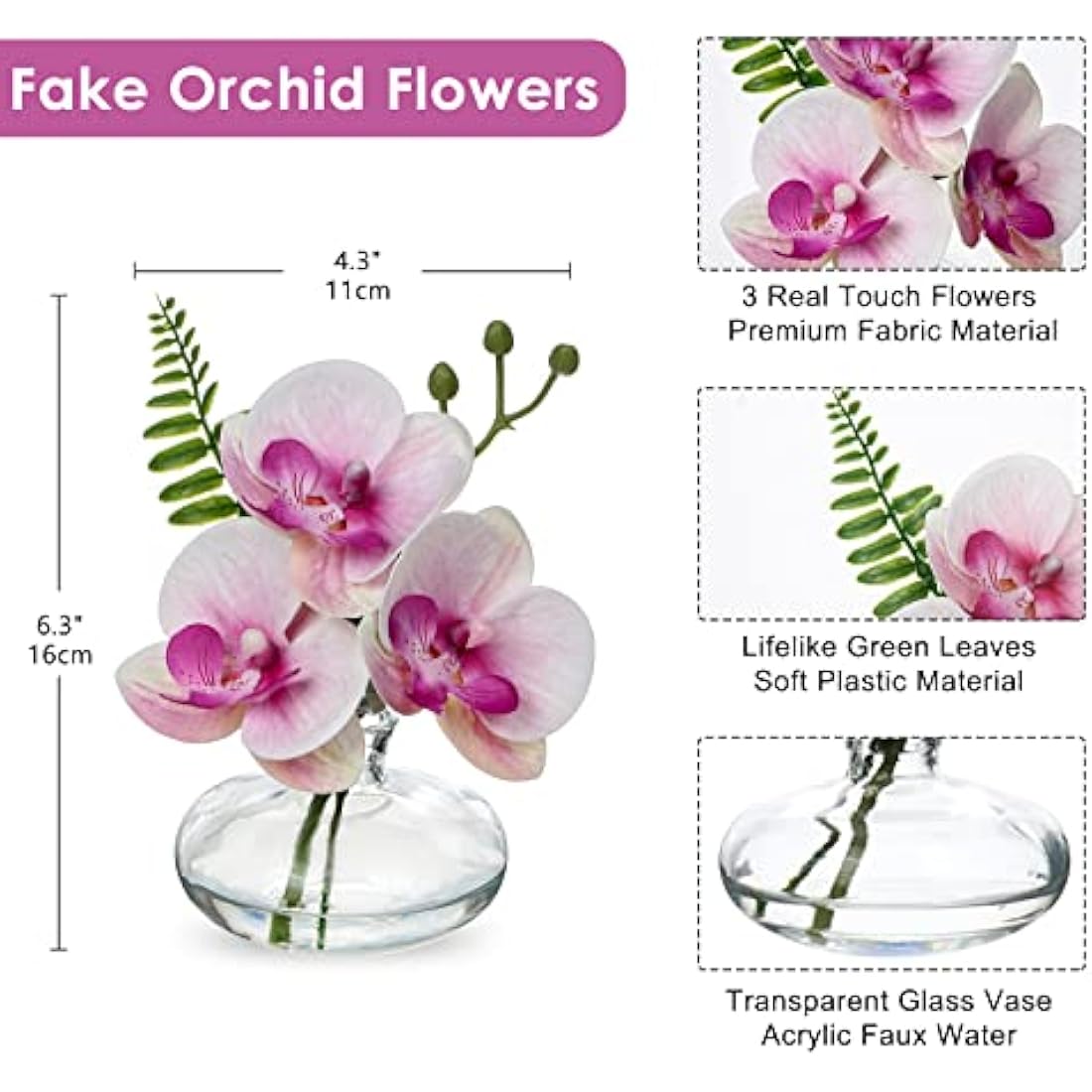 Briful Set of 3 Artificial Orchids in Glass Vase, Pink Orchids Fake Flowers in Faux Water Artificial Flowers for Decoration Artificial Plant for Living Room Bathroom Office Décor
