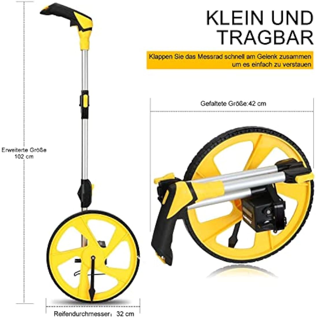 Zozen Measuring/Trundle Wheel in meters-3-Piece, Foldable | Metric Units [Up to 9,999.9m], Rolling Measurement with Carrying Backbag, One Key to Reset/Kickstand to Keep Stand | Starting Point Arrow.