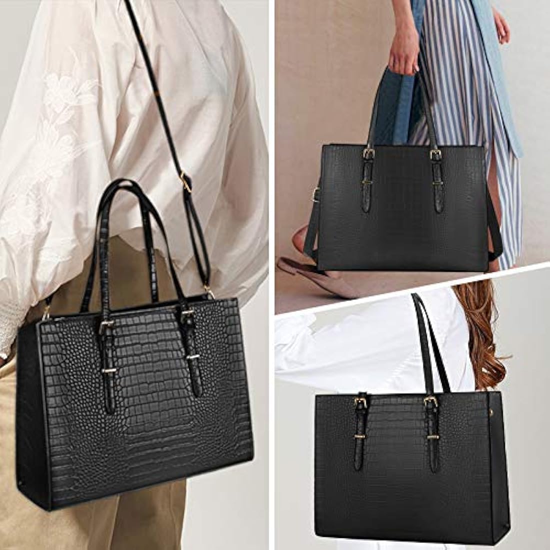 Lubardy Laptop Bags for Women Tote Bag 15.6 Inch Leather Large Ladies Handbag Work Bag Designer Business Shoulder Shopping Office Bag Black