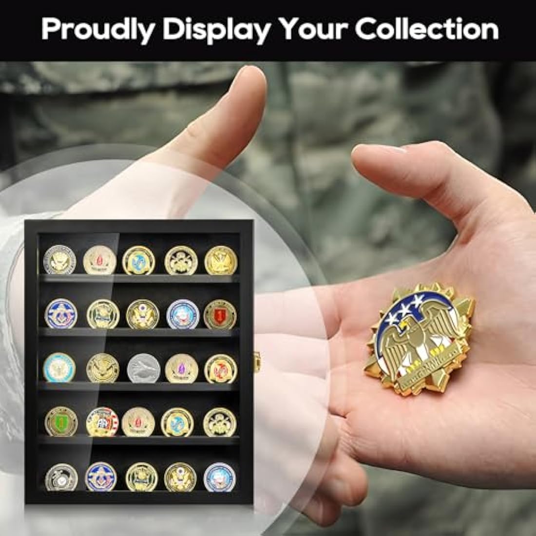 Military Challenge Coin Display Case, Coin Display Holder Wall Mount with Removable Shelves, Shadow Box for Medals Pin Badges Buttons