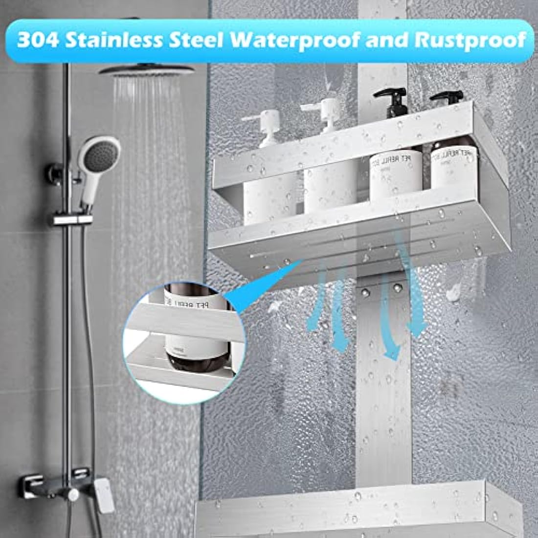 UUlioyer Hanging Shower Caddy, SUS304 Stainless Steel Over Door Shower Shelf, Bathroom Storage No Drilling (Style A - Silver)