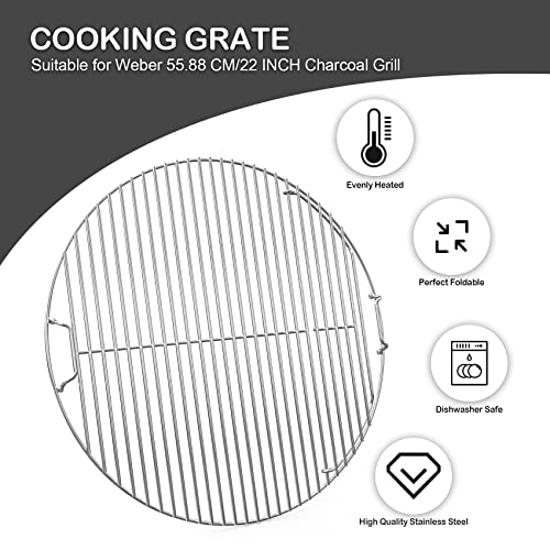 onlyfire Stainless Steel Cooking Grate,BBQ Grill Grate With Single Side Opening with Detachable Handle,for Weber 22-Inch Charcoal Grill