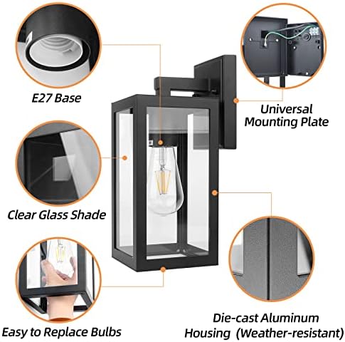 BRIMMEL Outdoor Wall Lights Black Wall Lantern Porch Light, Aluminum Exterior Wall Lanterns with Clear Glass Shade Anti-Rust Outdoor Wall Sconce Light Fixture, Matte Black, 2 Packs