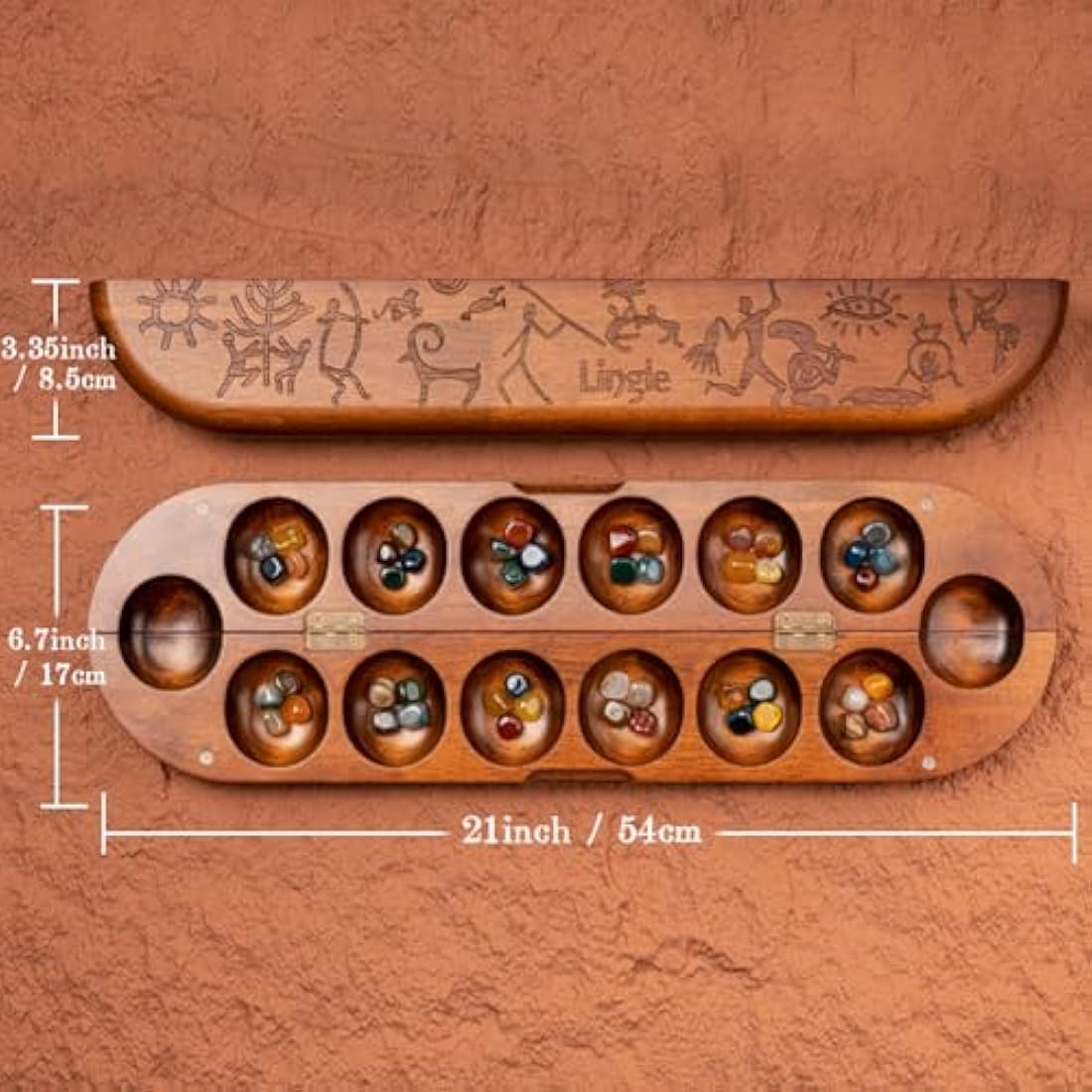 Deluxe Mancala Set: Real Wood Hinged Board with 48 Mixed Natural Gemstones - Authentic African Petroglyphs, Foldable Design for 2-Player Strategy Game