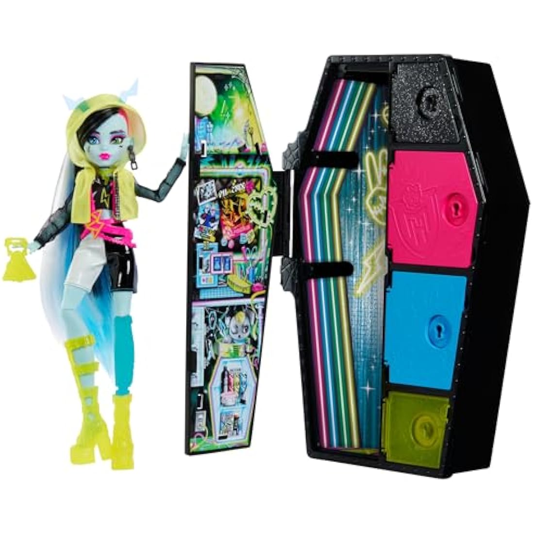 Monster High Doll and Fashion Set, Frankie Stein Doll, Skulltimate Secrets: Neon Frights, Dress-Up Locker with 19+ Surprises, HNF79