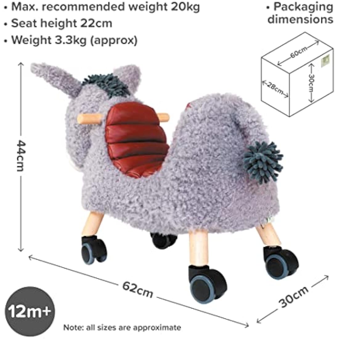 Little Bird Told Me - Bojangles Donkey Ride On Toy for Toddler 12+ Months Unisex - Soft Animal Toy on Wheels, Sturdy Wooden Frame, Wipe Clean Supportive Seat - British Brand Since 2007