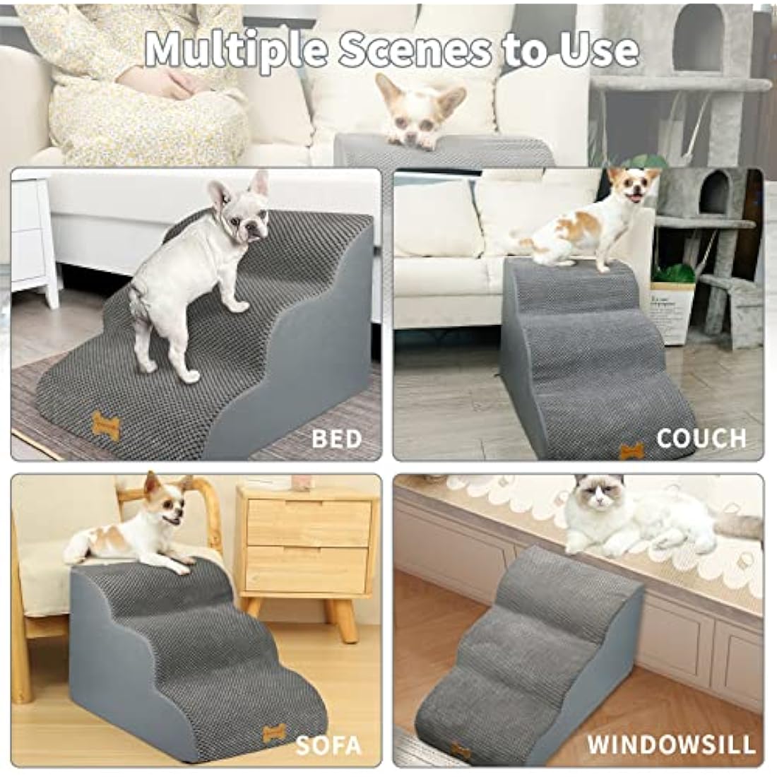 Nepfaivy Dog Steps Stairs for Bed - Non-Slip Pet Stairs for Small Dogs and Cats, 3-Steps Dog Ramp for Sofa with High Density Foam and Removable Cover, 60x40x40cm