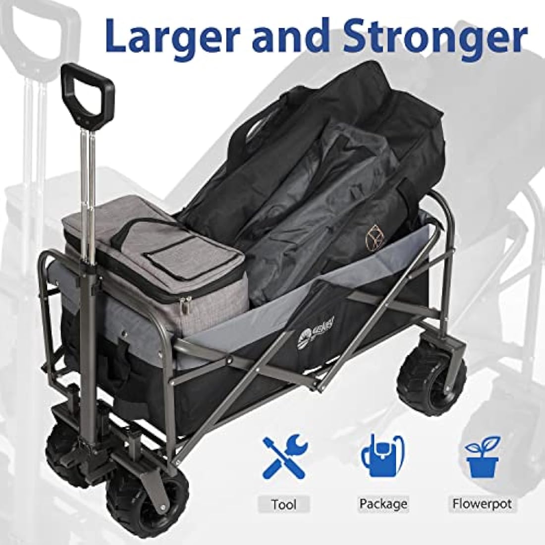 Sekey Folding Festival Trolley with Wide All-Terrain Wheels, 440LB Large Load Capacity, Heavy-Duty Camping Wagon with Brake, Sturdy Beach Garden Cart, Adjustable Handles & Drink Holders, Black & Grey