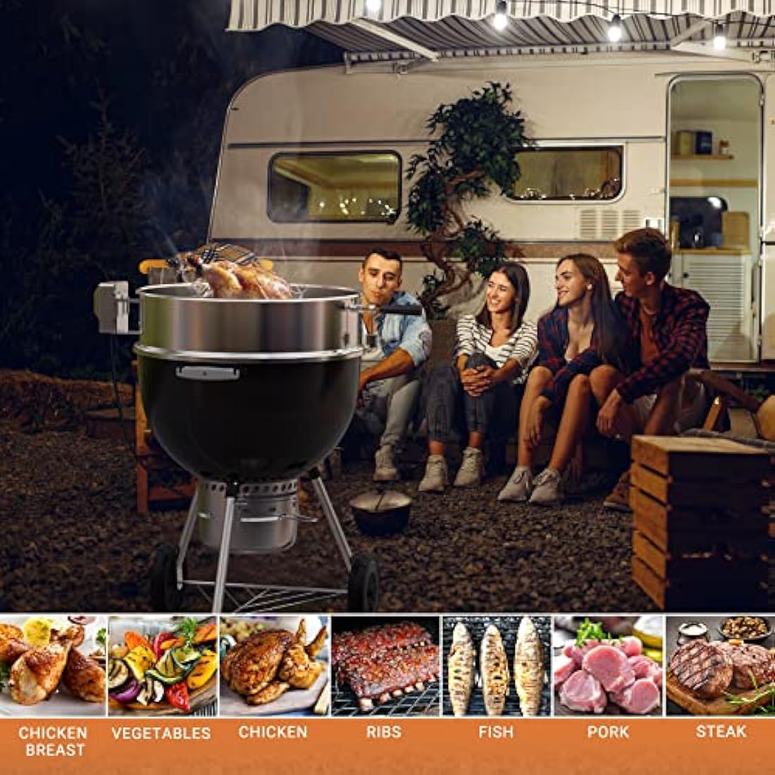 onlyfire BRK-6110 Upgrade Stainless Steel Rotisserie Ring Kit Fits Weber 22-inch Kettle Charcoal Grills,With 2-Pack Charcoal Baskets and 10-Pack Drip Pans,Fits Most Others 57 CM Kettle Grill