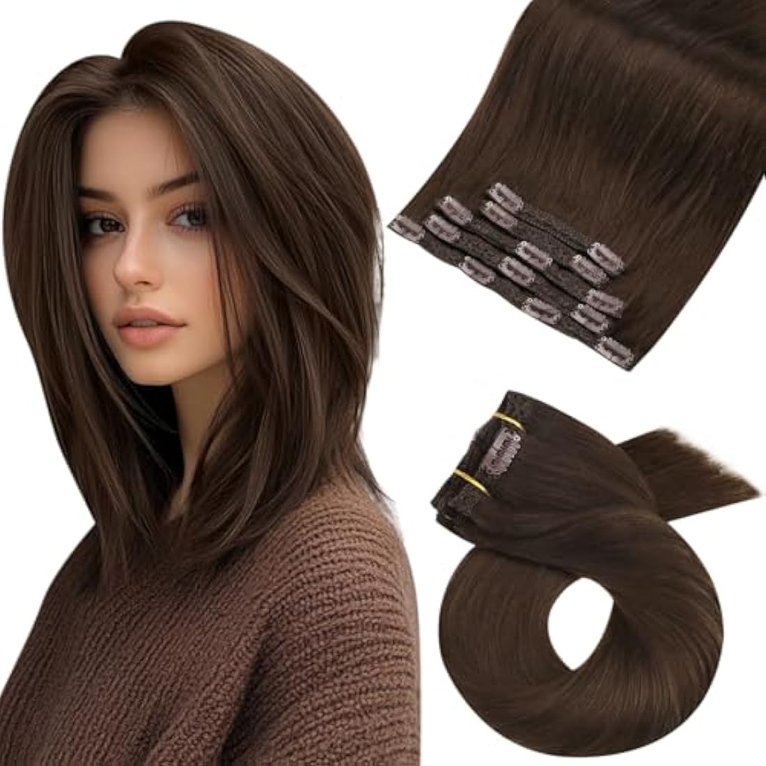 Moresoo Clip in Hair Extensions Real Human Hair 14 inch Dark Brown Hair Extensions Clip in Real Human Hair Short Bob for Women Adding Volume Natural Look Daily Use 5 Pieces/80G #4