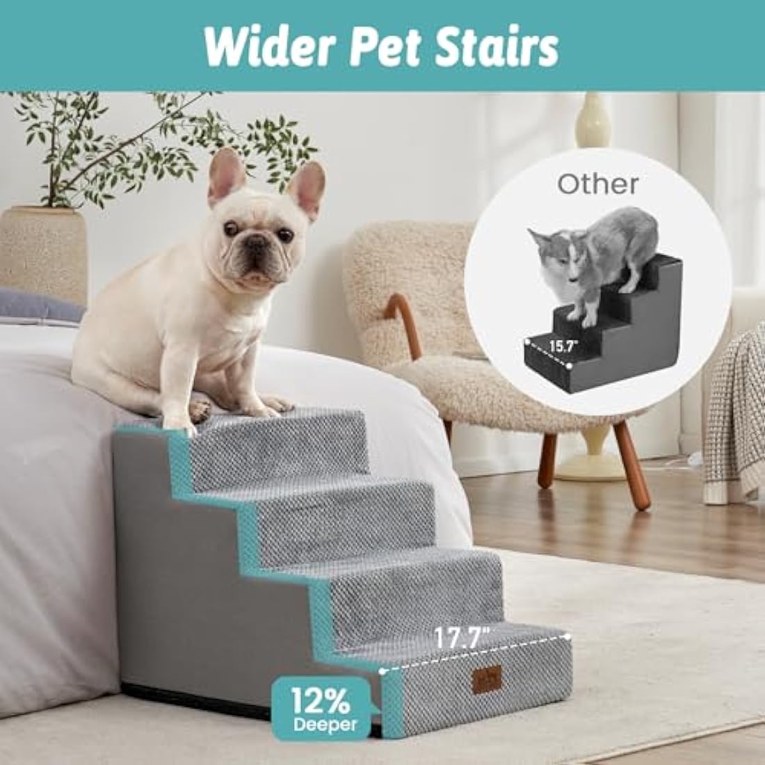 COZY KISS Wide Dog Stairs for Small Dogs, 17.7" Width Pet Steps for Bed Sofa Car, 45 cm High Non-Slip Dog Stair for Old Cats, Puppy, Small Medium Dogs, 60x45x45 cm, 4 Tiers, Grey