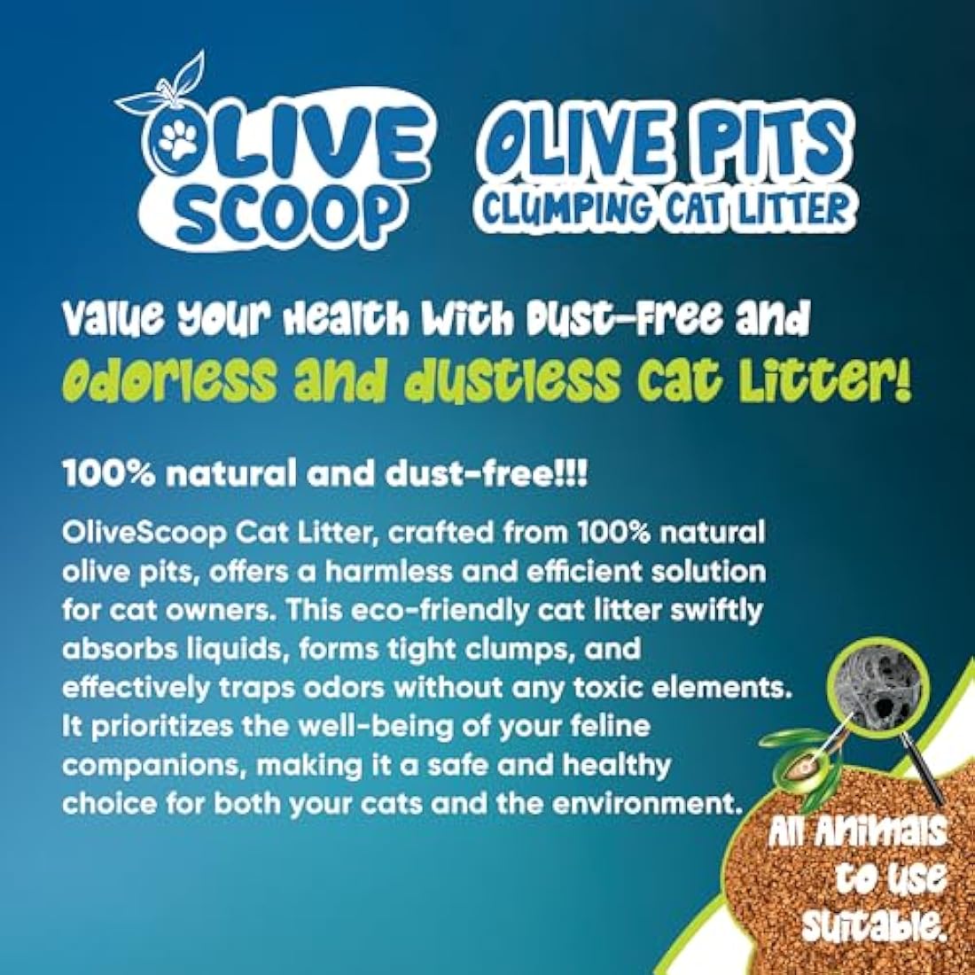 OLIVE SCOOP 100% Natural Dust-Free Clumping Cat Litter – Natural Olive Pits, Unscented, Biodegradable, Low Tracking, Odor Control, Safe for Kittens & Multi-Cat Homes - 24L (8Lx3Pack)