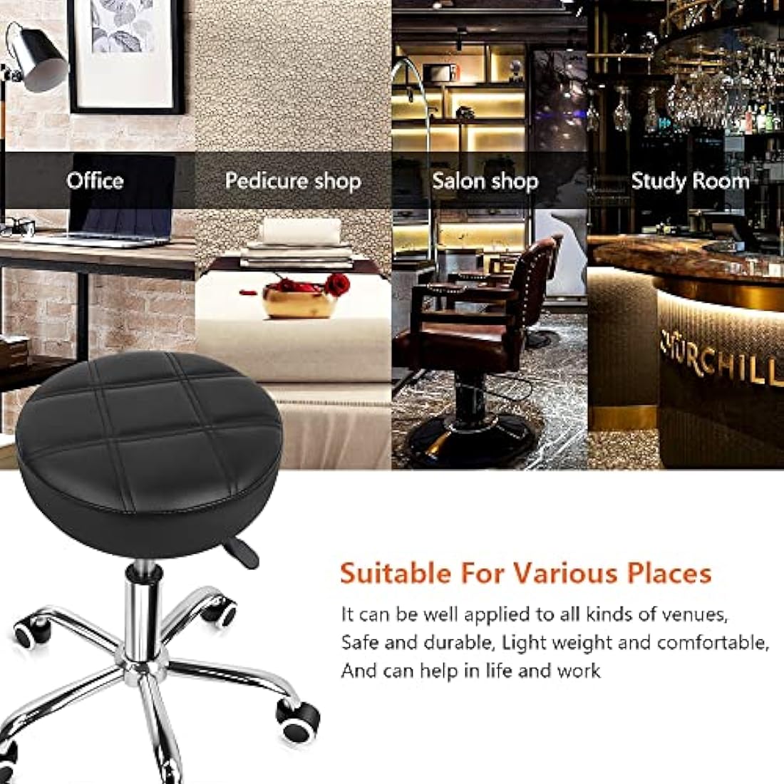KKTONER Round Rolling Stool Chair PU Leather Height Adjustable Shop Stool Swivel Drafting Work SPA Salon Stools with Wheels Office Chair (Black)