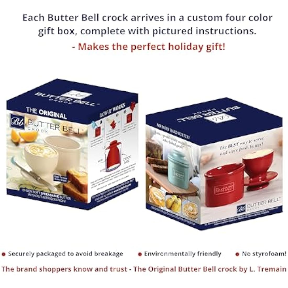 Butter Bell - The Original Butter Bell crock by L Tremain, a Countertop French Ceramic Butter Dish Keeper with Lid for Spreadable Butter, Farmhouse Collection, Honey Bees, Blue & White