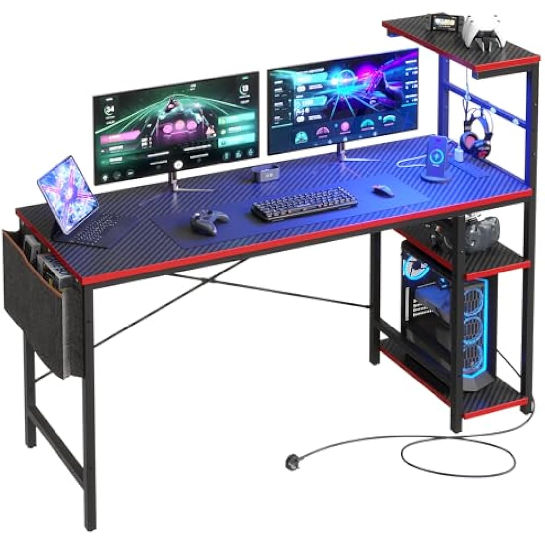 Bestier 155CM Corner Desk with Power Outlets Large Computer Desk with LED Lights Reversible Writing Table with Side Pocket Storage Bag & Accessories Hanger for Home Office