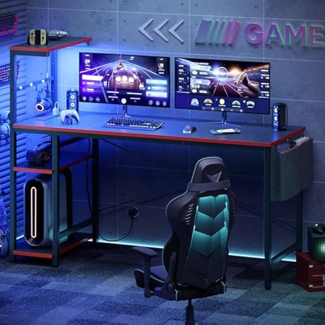 Bestier 155CM Corner Desk with Power Outlets Large Computer Desk with LED Lights Reversible Writing Table with Side Pocket Storage Bag & Accessories Hanger for Home Office