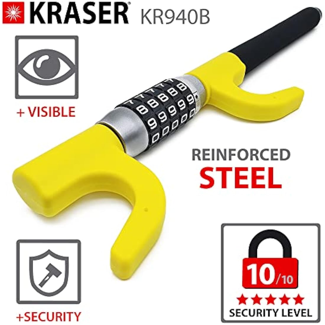 KRASER KR940B Heavy Duty Steering Wheel Lock Keyless Combination Code, Most Visible Deterrent Yellow Coated Reinforced Steel, Emergency Hammer, Universal Anti-Theft Device Car SUV Pick-Up Truck Van
