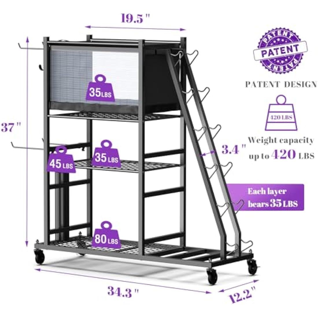 Mythinglogic Dumbbell Rack Stand, Multifunctional Weight Rack for Dumbbells, Yoga Mat, Fascia Roller, Kettlebell and Yoga Block, Powder-Coated Steel Dumbbell Stand with Wheels and Hooks