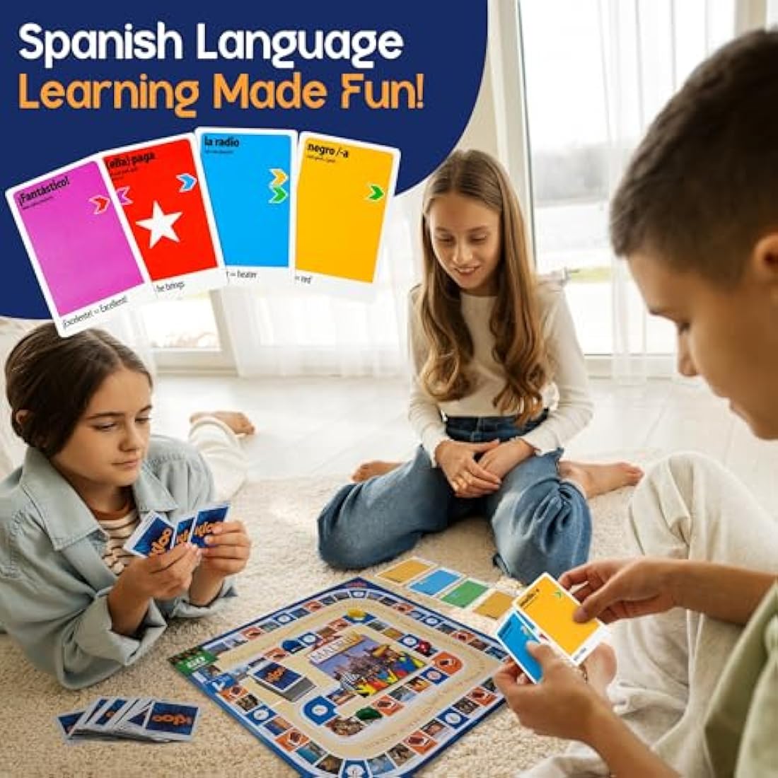 Spanish Board Game – Race to Madrid | Easy to Learn Words, Grammar, Verbs | Fun for Adults, Kids, Beginners, Classroom | 4 Decks Dynamic Flash Cards