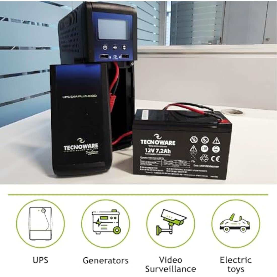 Tecnoware Power Systems - 12V Charge 7.2 Ah Lead-Acid Sealed Battery, for UPS, Video Surveillance and Alarm Systems, 2.5 Inch Faston Connection, Long Lasting, No Maintenance, Bianco, Size 7.2 Ah