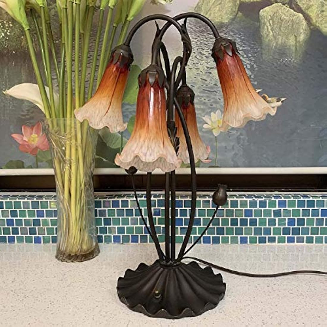 Bieye L30699 Lily Flower Blown Glass Accent Table Lamp for Living Room Bedroom Decoration (4-Light, Orange)