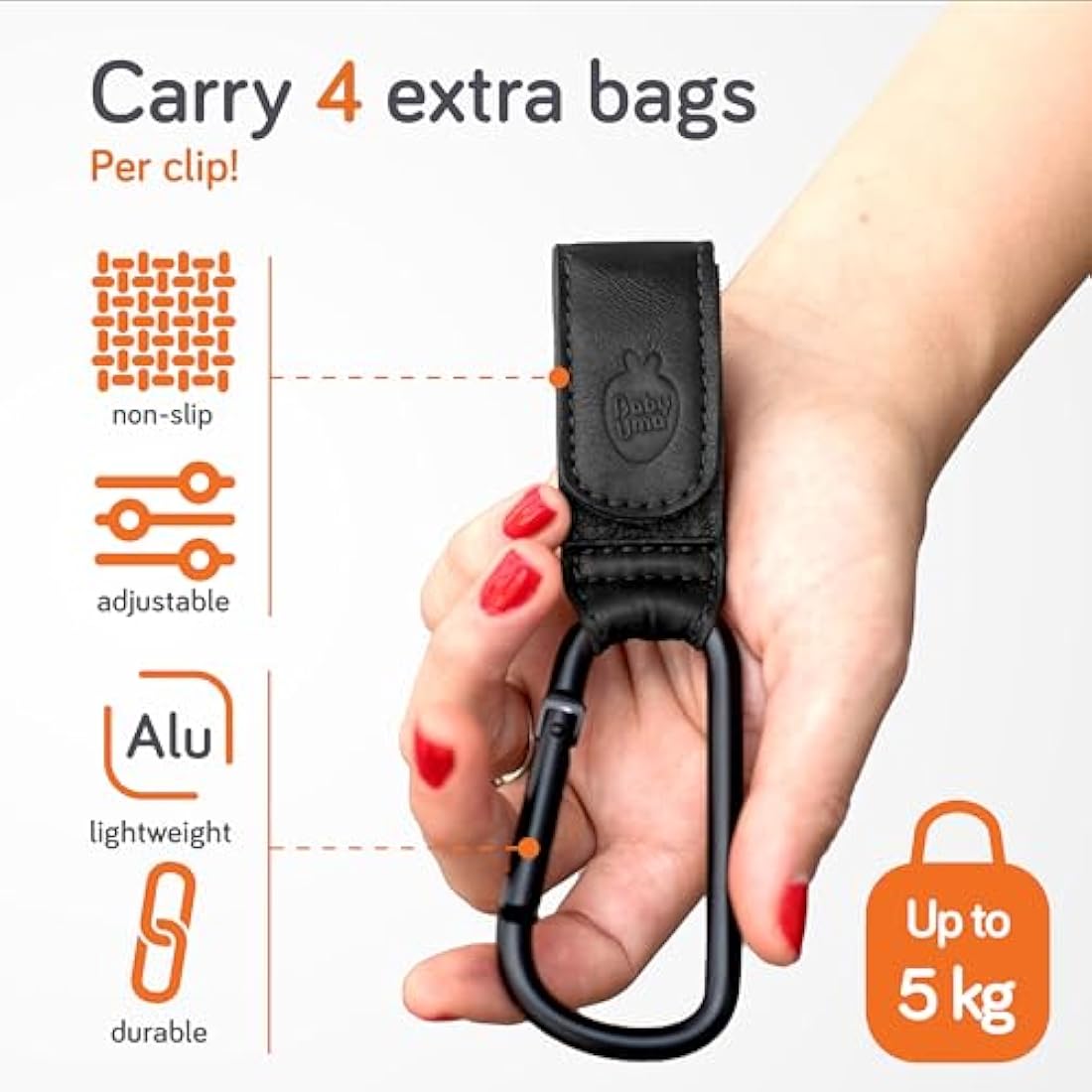 Baby Uma Leather-Style Buggy Clips (2 Pack) - Universal Pram Clips, Non-Slip Buggy Accessories, Carry 5 kg per Carabiner, Baby Travel Essentials (Black)