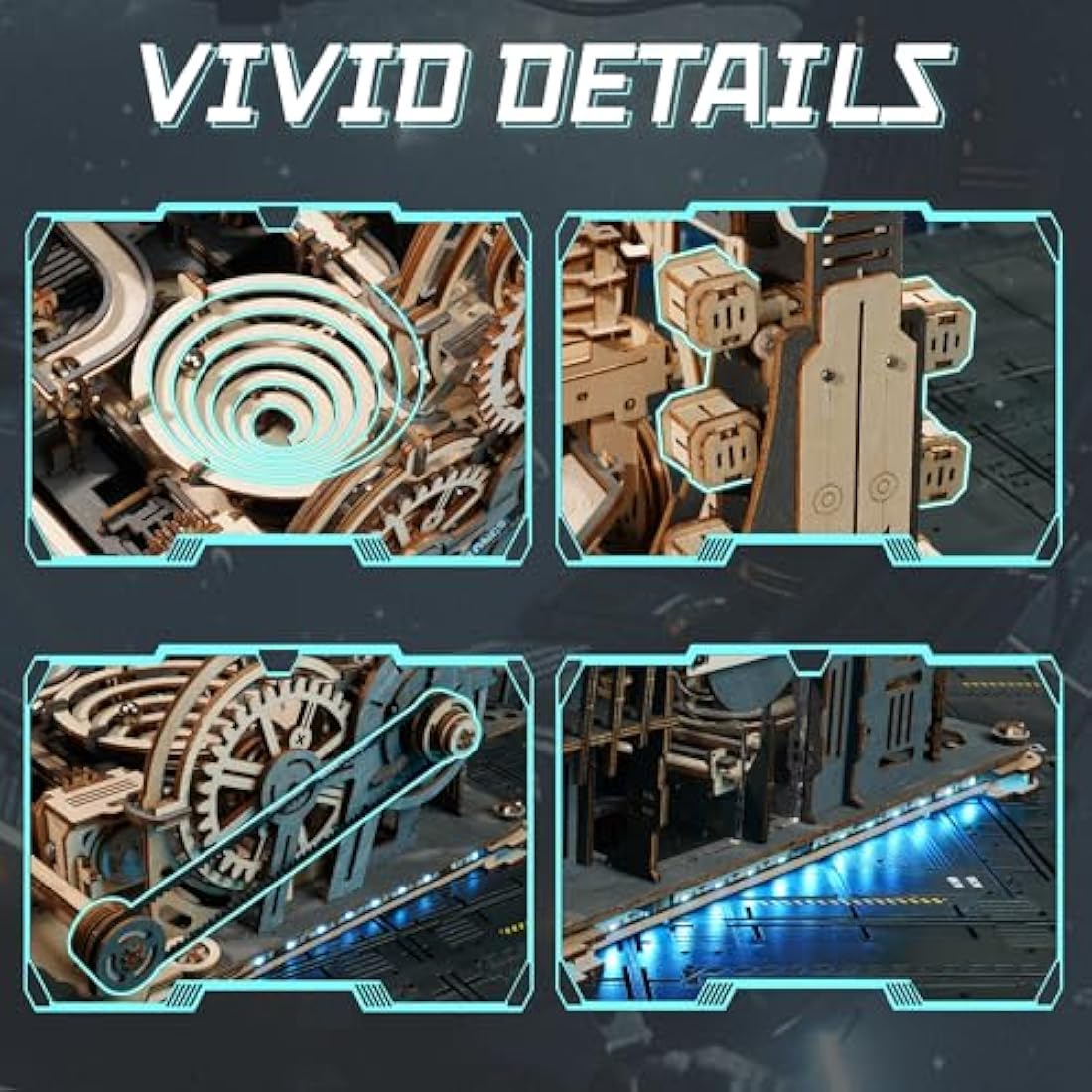 ROKR Marble Run Electric Combination Set 3D Wooden Puzzle Model Kits For Adults To Build Idea For Men Teens-Marble Spaceport & Night City & Link Pack