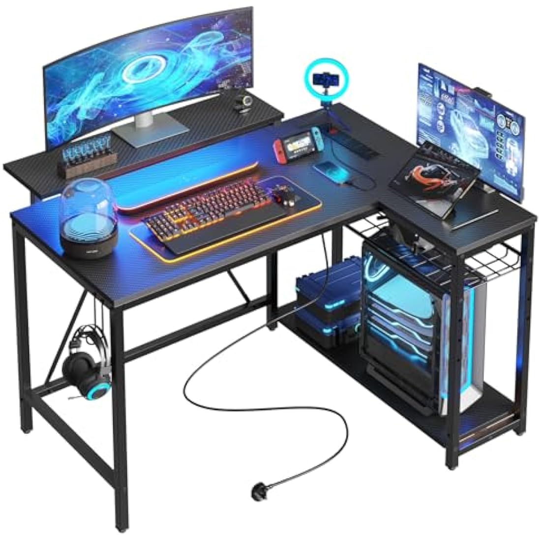 Bestier 106.5CM L-Shaped Gaming Desk with RGB LED Lights Carbon Fibre Surface, 3 Power Outlets & 2 USB Ports, Reversible Corner Desk with Shelves & Hooks for Home Office & Small Spaces